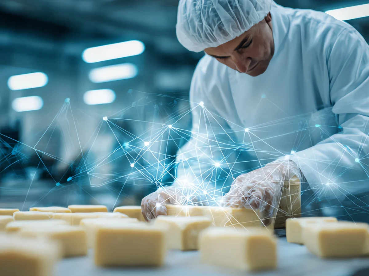 A food processing worker inspecting products on a production line