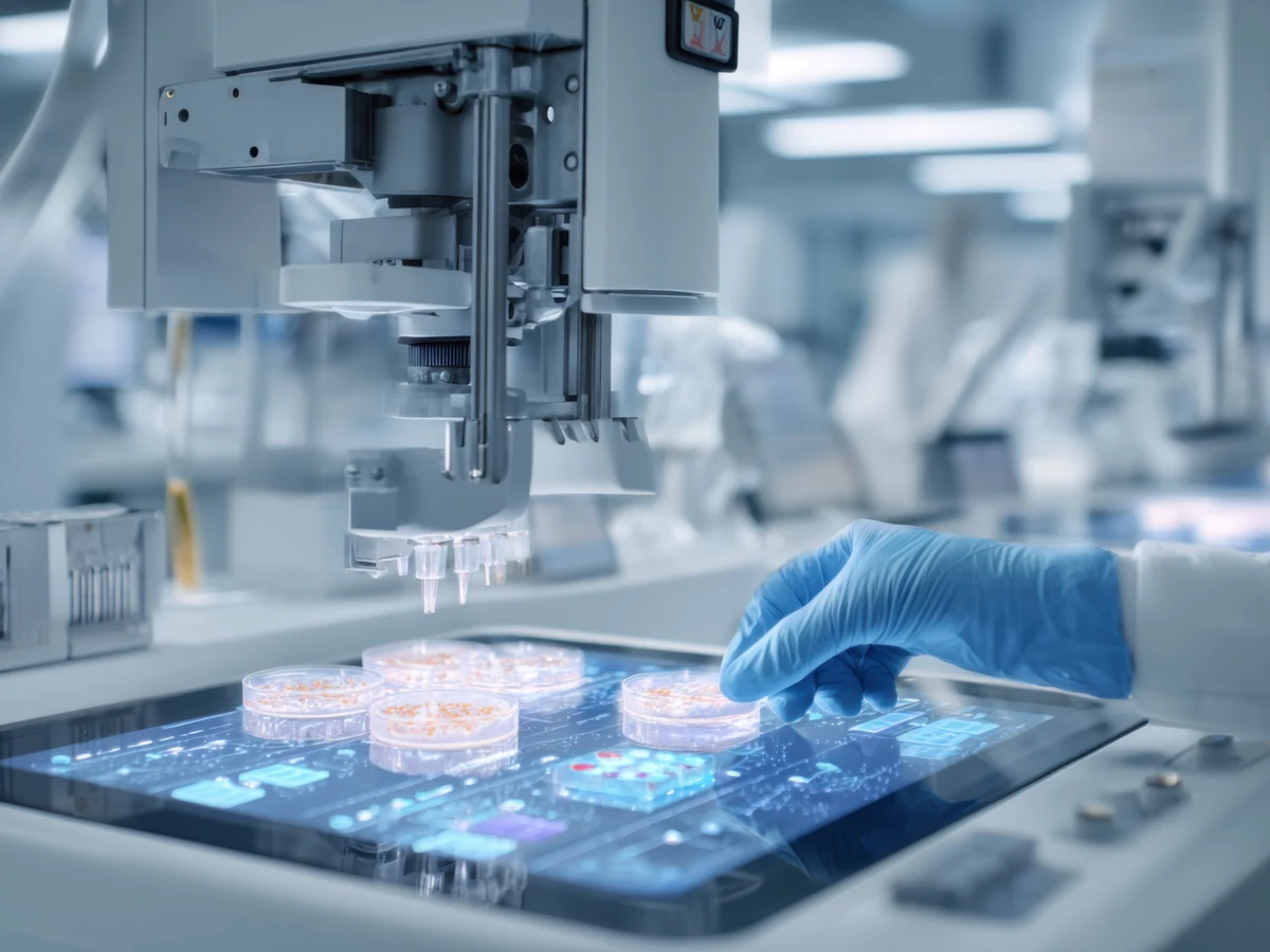 A gloved technician operating automated medical device production equipment
