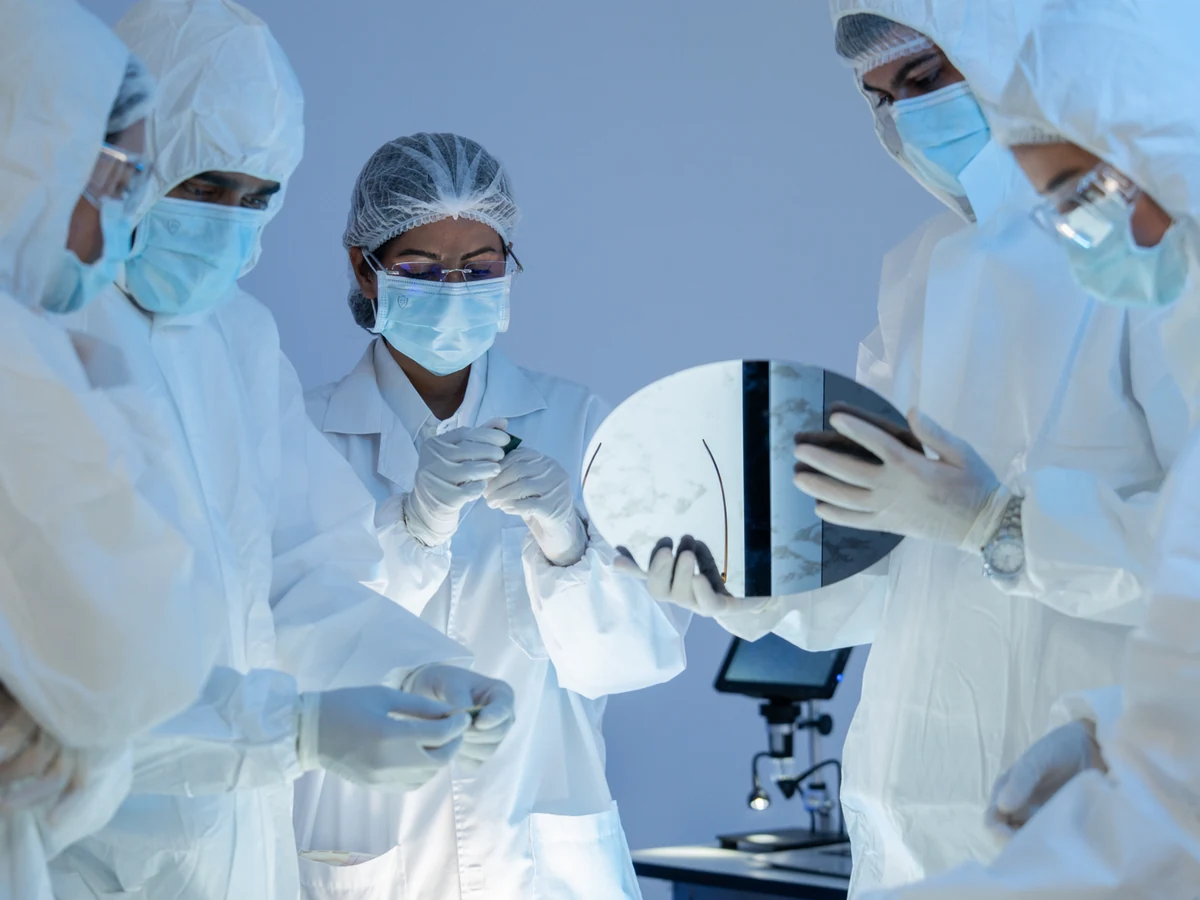 Cleanroom technicians inspecting a semiconductor wafer